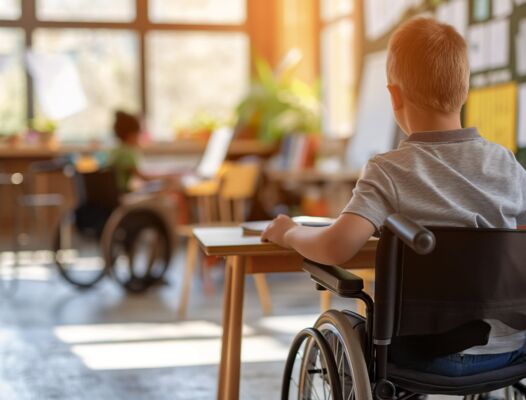 Zwei Kinder in Rollstühlen sitzen in einem sonnigen Klassenzimmer. Eines ist im Vordergrund, das andere im Hintergrund. Die Atmosphäre ist freundlich.